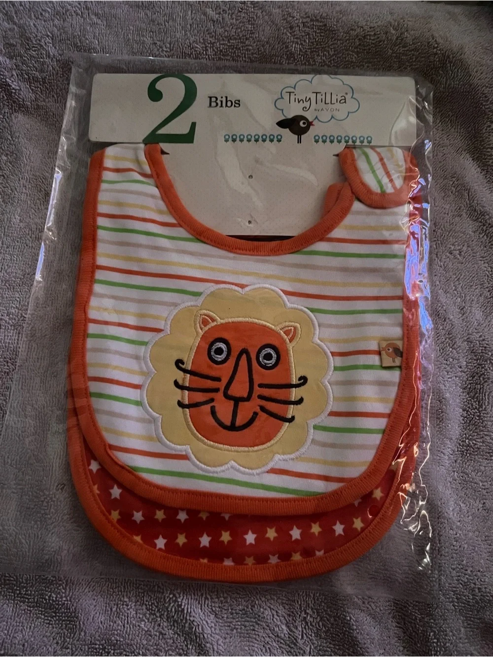 Avon Tiny Tillia (2) pack Bib Set, Orange Lion Stripe Baby Bibs - Vintage